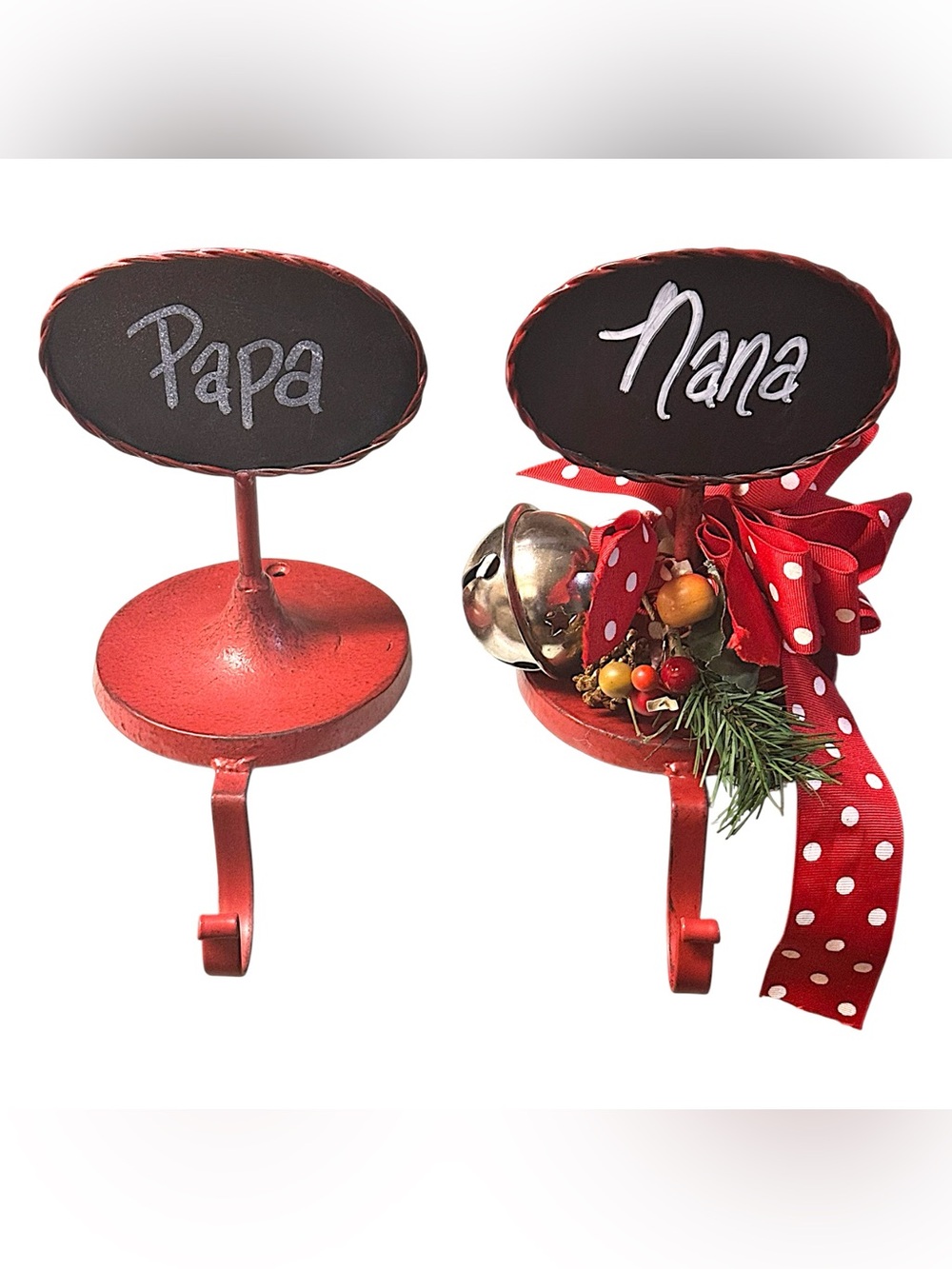 2 Red Cast Iron Stocking Holders w/Roped Chalkboard Top Erasable Large Christmas